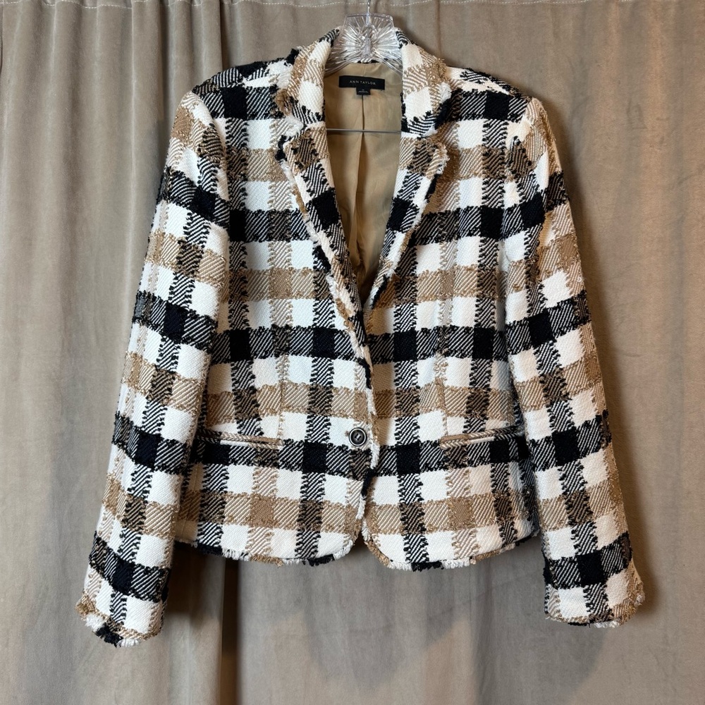 Ann Taylor Checkered Blazer in Black, White, and‎ Tan Plaid Career Size 14